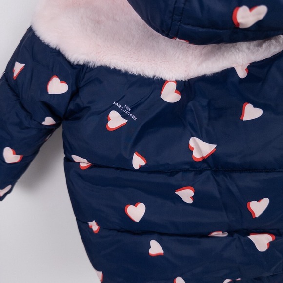 The Marc Jacobs Heart Printed Hooded Puffer Coat Navy Blue Pink Size 18 months - Picture 6 of 11